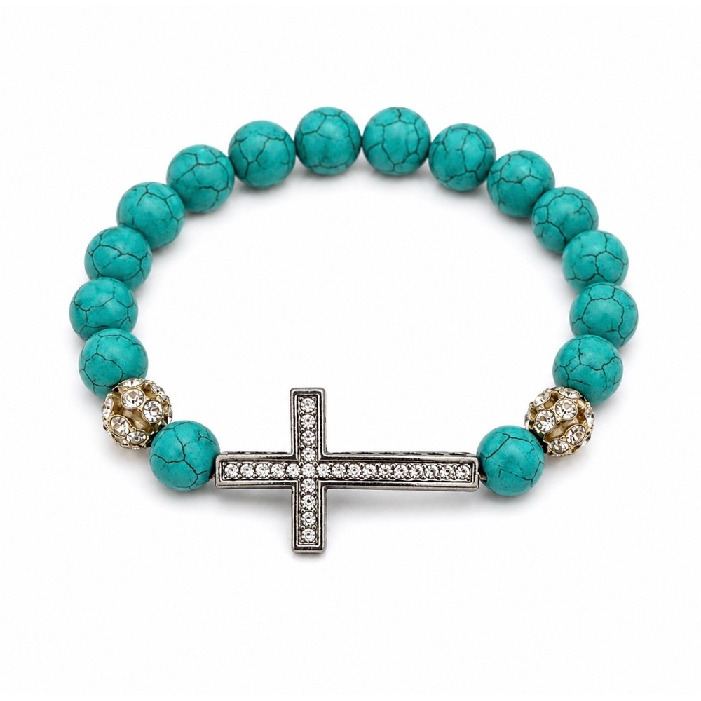 Turquoise Beaded Stretch Bracelet Sideways Rhinestone Cross Boho Western‎